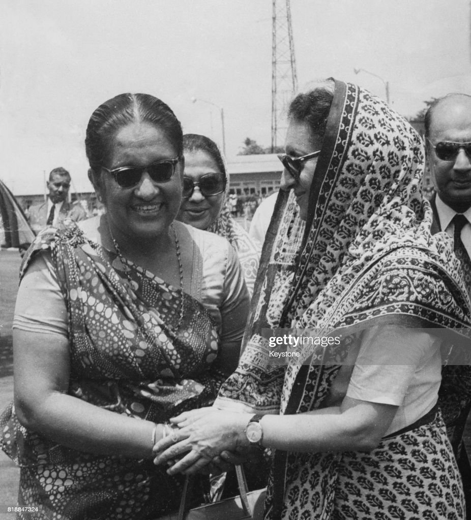 Indian Prime Minister Indira Gandhi (right) with Sirimavo Bandaranaike, the Prime Minister of Sri Lanka, during a three-day visit to Sri Lanka, May 1973. (Photo by Keystone/Hulton Archive/Getty Images)