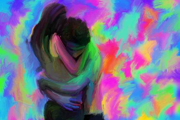 A painting of hugging couple so tight that show love and emotions with full of colors