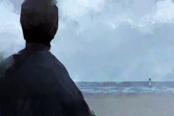 digital art painting of guy looking at girl in white dress on beach, oil on canvas texture.