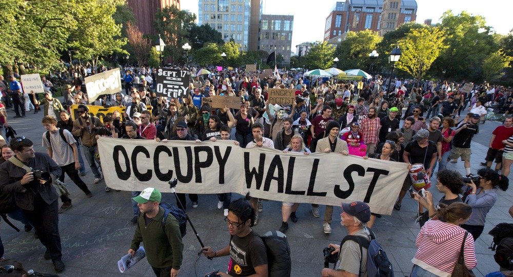 Saturday, Sept. 15, 2012, in New York, NY (John Makely / NBC News)Occupy Wall Street protesters leave Washington Square Park at the start of their Saturday march to Zuccotti Park, the first planned march as part of three days of events to mark the one year anniversary of the movement.Occupy Wall Street took center stage last fall, galvanizing thousands of people across the country to heed the call, "We are the 99 percent," set up camps in parks and squares, and join the fight against income inequality, corporate greed and government corruption.Now the movement gathers again in New York to mark the one year anniversary of what was started in Zuccitti Park.
