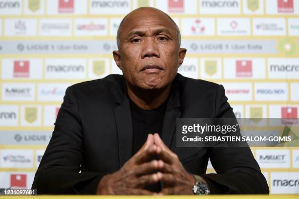 French Antoine Kombouare gives his first press conference as Nantes football club's head coach at the La Beaujoire stadium in Nantes on February 11, 2021. (Photo by Sebastien SALOM-GOMIS / AFP) (Photo by SEBASTIEN SALOM-GOMIS/AFP via Getty Images)