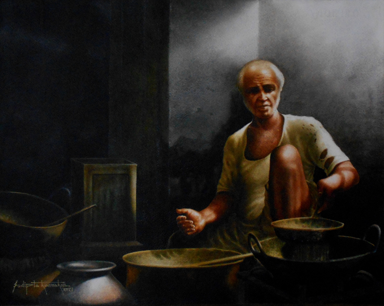 1634068494138 Title Indian village chef. size 18 x23 . water color on paper. year 2021.price 48000. 43893