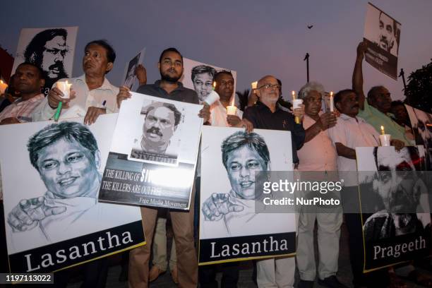 A crowd of demonstrators, holding a candlelight vigil. The 'January Is Still Black' vigil in remembrance of slain and disappeared journalists. The demonstrators gathered in Colombo to show solidarity in protecting media professionals in the country in Colombo, Sri Lanka on January 28, 2020. (Photo by Akila Jayawardana/NurPhoto via Getty Images) (Photo by Akila Jayawardana/NurPhoto via Getty Images)