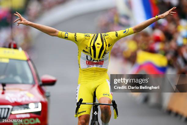 ISOLA 2000, FRANCE - JULY 19: Tadej Pogacar of Slovenia and UAE Team Emirates - Yellow Leader Jersey celebrates at finish line as stage winner during the 111th Tour de France 2024, Stage 19 a 144.6km stage from Embrun to Isola 2000 - (2022m) / #UCIWT / on July 19, 2024 in Isola 2000, France. (Photo by Dario Belingheri/Getty Images)