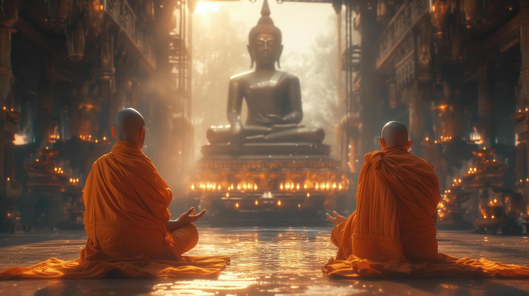 ai generated buddhist monks engaging near serene buddha statue generative ai free photo