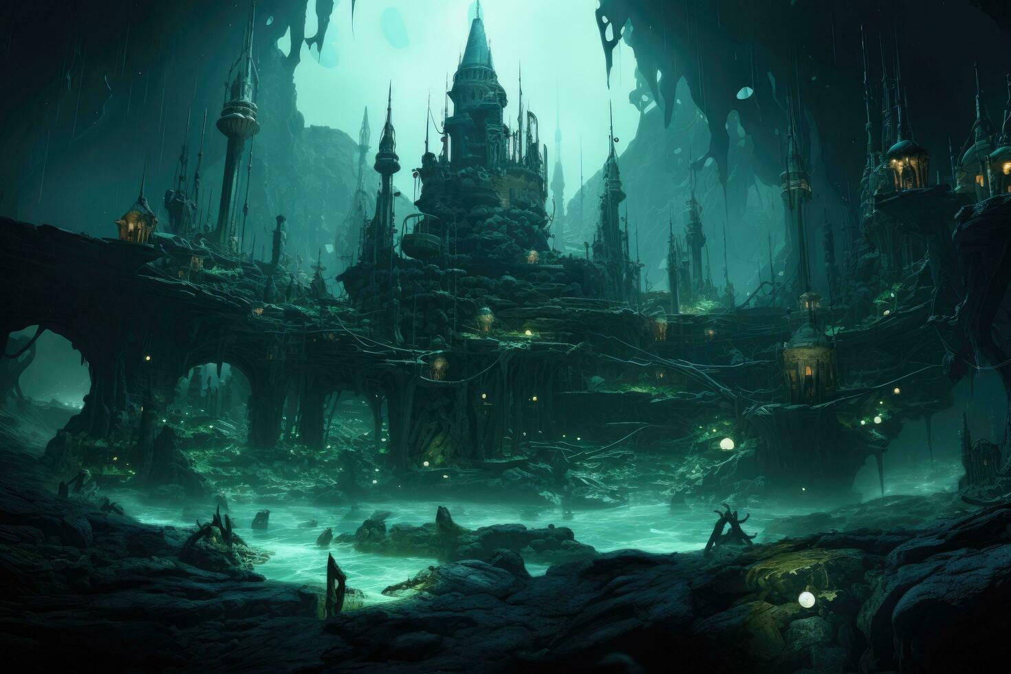ai generated fantasy landscape with ancient temple in the dark 3d rendering an underwater city where marine creatures and humans coexist ai generated free photo