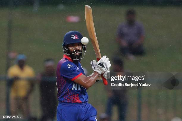KANDY, SRI LANKA - SEPTEMBER 4:  Dipendra Singh Airee of Nepal bats during the Asia Cup Group A match between India and Nepal at Pallekele International Cricket Stadium on September 4, 2023 in Kandy, Sri Lanka. (Photo by Surjeet Yadav/Getty Images)