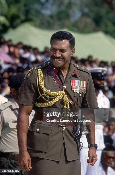 Colonel Sitiveni Rabuka at the annual feast near Suva, held at the Nasinu army barracks, during which Fijian military officials celebrate the end of military training with a ceremony. In April 1987, Rabuka became a hero when he overthrew Fiji's first Indian dominated government in order to install an indigenous Fijian ruling class. | Location: Near Suva, Fiji.  (Photo by Jacques Langevin/Sygma/Sygma via Getty Images)