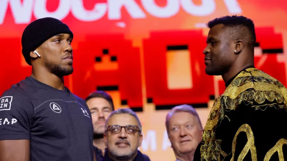 anthony joshua francis ngannou face off for the first time ahead of riyadh fight