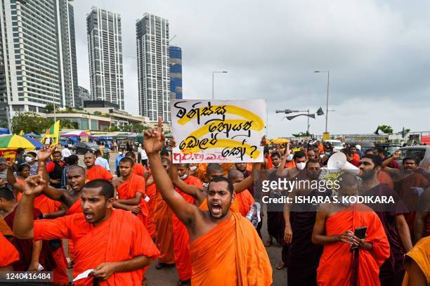 Buddhist monks participate in an anti-government demonstration outside the President's office in Colombo on May 3, 2022, demanding President Gotabaya Rajapaksa's resignation over the country's crippling economic crisis. (Photo by Ishara S. KODIKARA / AFP) (Photo by ISHARA S. KODIKARA/AFP via Getty Images)