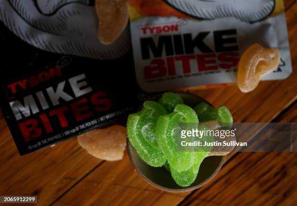SAN ANSELMO, CALIFORNIA - MARCH 07: In this photo illustration, Tyson 2.0 Mike Bites Ear-Shaped Cannabis Gummies are displayed on March 07, 2024 in San Anselmo, California. The Tyson 2.0 Mike Bites Ear-Shaped Cannabis Gummies are shaped like boxer Evander Holyfield's ear, which Mike Tyson famously bit a portion off during a fight on June 28, 1997. (Photo Illustration by Justin Sullivan/Getty Images)