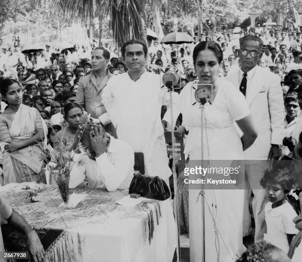 Mrs Sirimavo Bandaranaike, widow of the assassinated Prime Minister of Ceylon campaigns for the Freedom Party.   (Photo by Keystone/Getty Images)