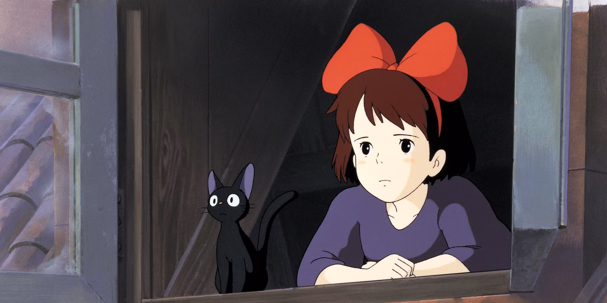 kkiki and a black cat looking through an open window in kiki s delivery service