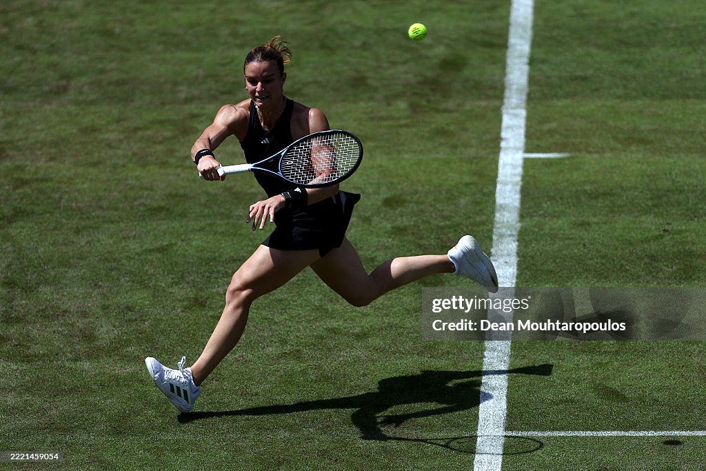 BAD HOMBURG, GERMANY - JUNE 22: Maria Sakkari of Greece plays a forehand as she competes against Yulia Putintseva of Kazakhstan during Round of 32 on Day One of the Bad Homburg Open powered by Solarwatt at Bad Homburg Tennis Club Kurpark on June 22, 2025 in Bad Homburg, Germany. (Photo by Dean Mouhtaropoulos/Getty Images)