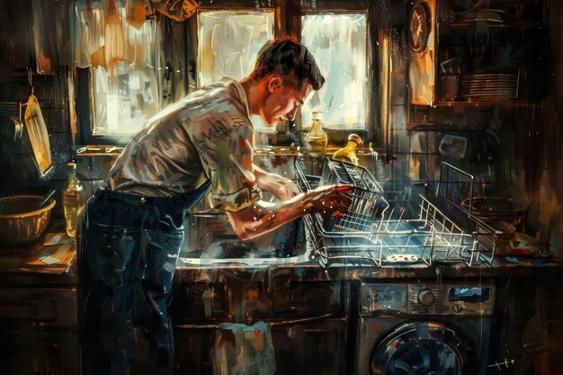 man is washing dishes kitchen artistic interpretation handyman cleaning filters dishwasher 538213 83105
