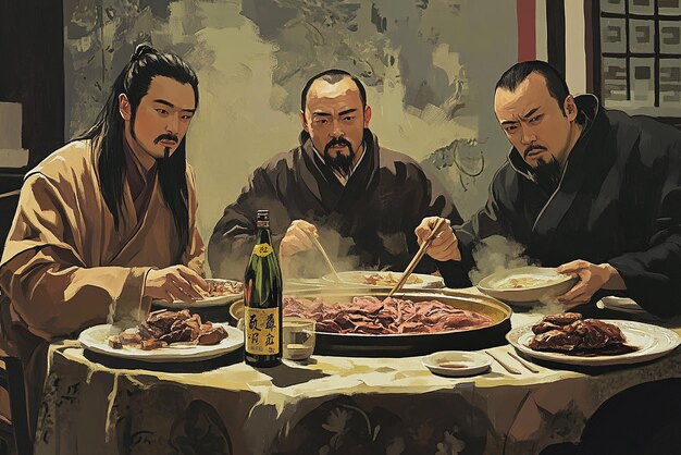 three men are sitting table with food bottle wine 1161356 160773