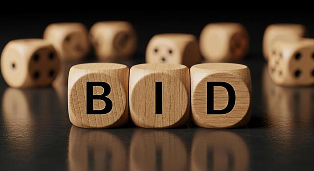 wooden dice spelling the word bid on a dark reflective surface representing a business auction or competitive offer conveying a sense of strategy and chance in a highstakes environment free photo