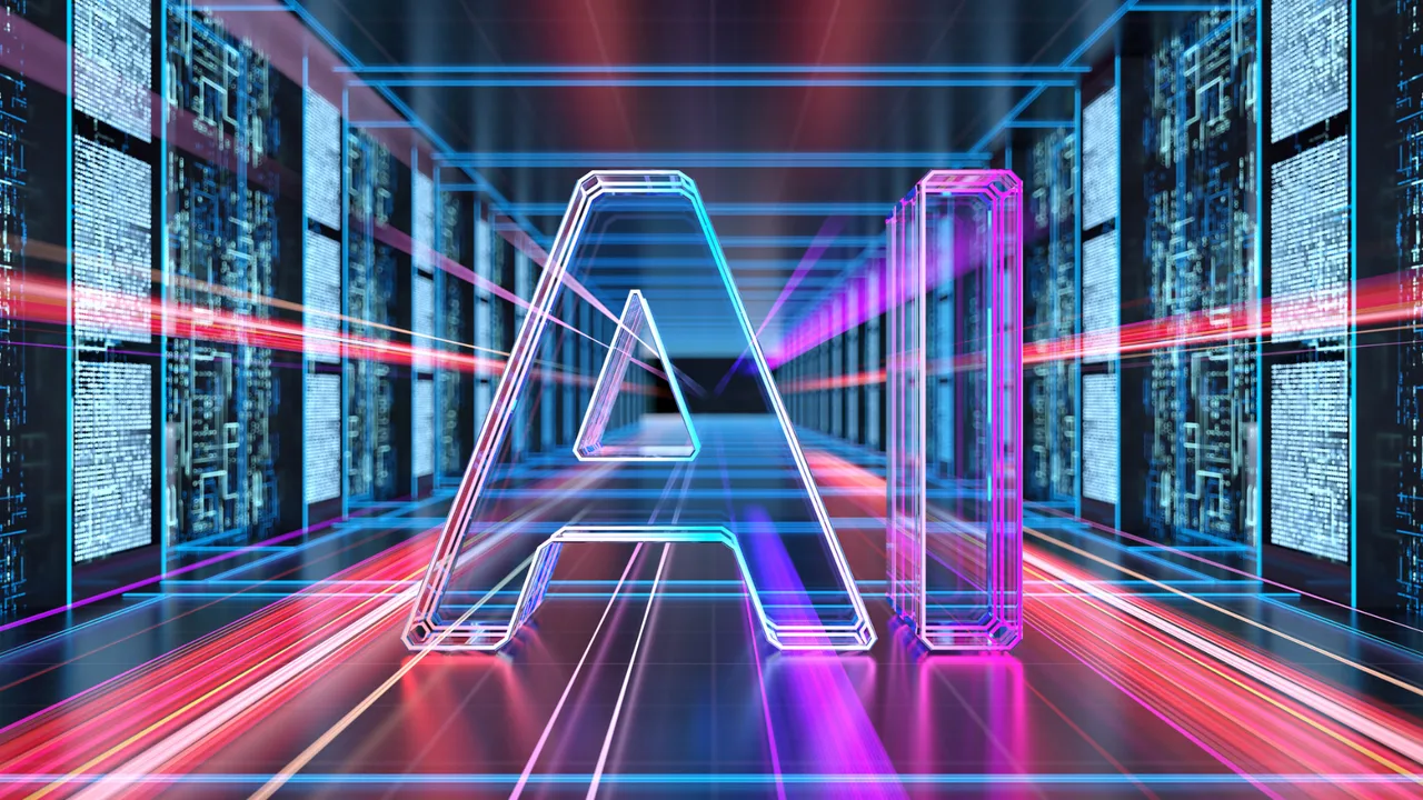 Artificial Intelligence text on abstract digital servers background