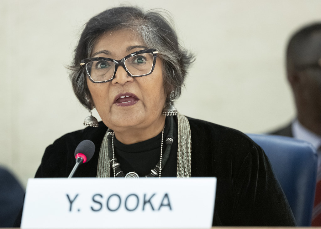 Yasmin Sooka, Chairperson of the Commission on Human Rights in South Sudan present his report at a 40th Session of the Human Rights Council. 12 March 2019. UN Photo / Jean Marc Ferré 