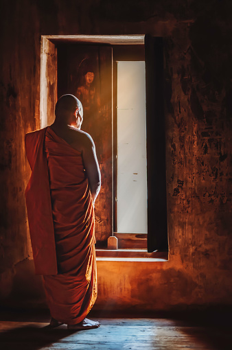 Buddhist monks are standing in front of windows in the morning light.