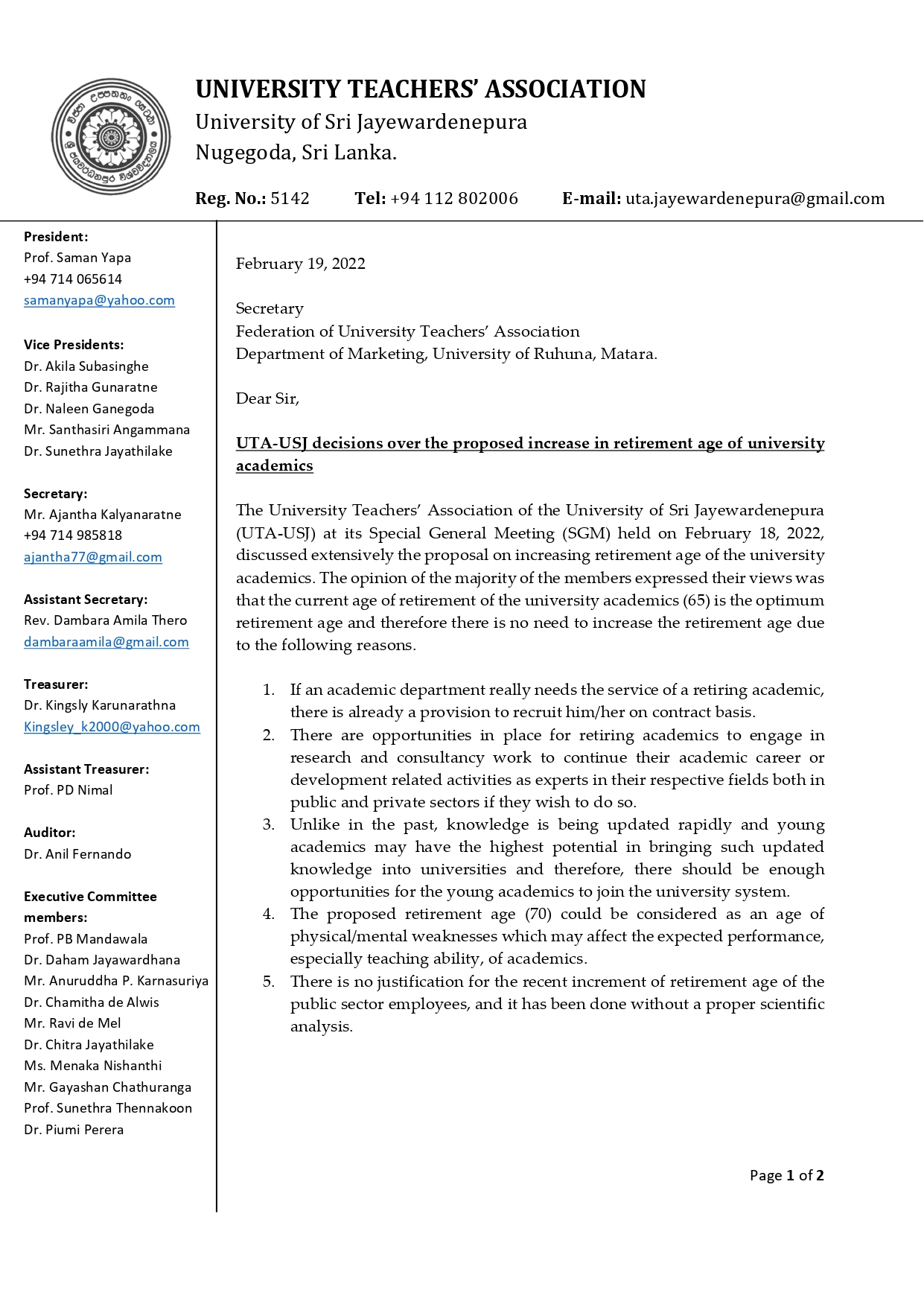 Letter to FUTA UTA USj decisions on retirement age of academics page 0001