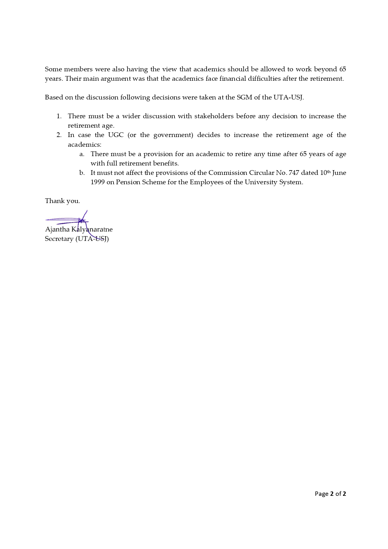 Letter to FUTA UTA USj decisions on retirement age of academics page 0002