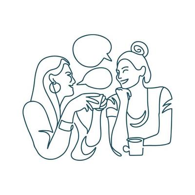 continuous line drawing of two women drinking coffee in a restaurant two happy girls chatting laughing and talking two lady having a conversation one line illustration vector