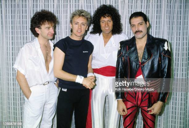 (MANDATORY CREDIT Koh Hasebe/Shinko Music/Getty Images) British rock band Queen perform on 'The Works' tour,  the venue, May 1985. (L-R) John Deacon (bass), Roger Taylor (drums), Brian May (guitar), Freddie Mercury (vocals). (Photo by Koh Hasebe/Shinko Music/Getty Images)