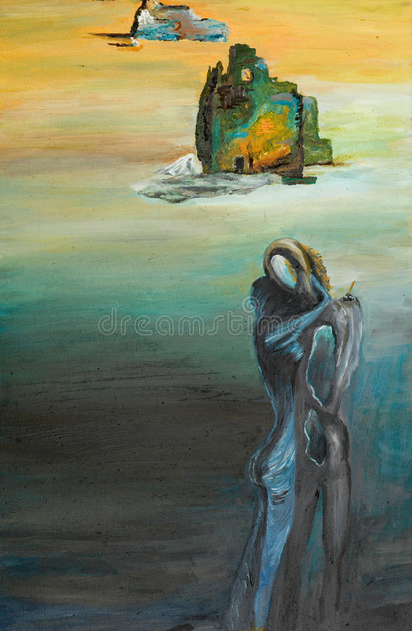 surreal couple embrace oil painting illustrating scene two people embracing each other 34489753