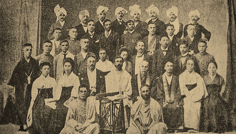Srimath Anagarika Dharmapala seated centre at the Mahabodhi Society Headquarters in Calcutta